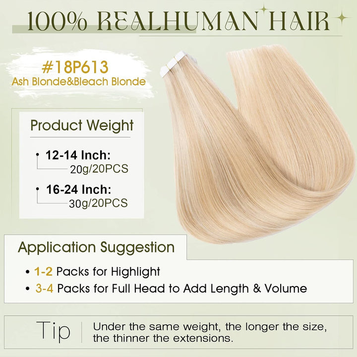 Benehair Tape in Extensions Echthaar, Invisible Tape Extensions Echt Haar, 20Pcs 30g Haarverlängerun
