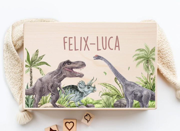 Little Deco Personalisierte Erinnerungsbox Baby Holzkiste mit Dinosaurier | M - 30 x 20 x 13 cm | Ge