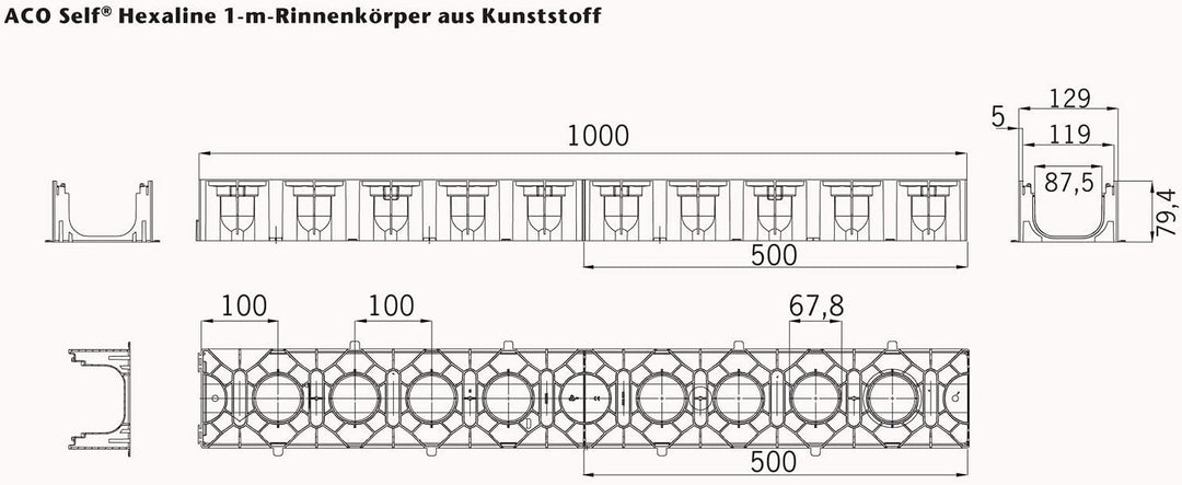 3x1m ACO Hexaline 2.0 Entwässerungsrinne Stegrost Stahl verzinkt Ablauf vertikal Bodenrinne Terrasse