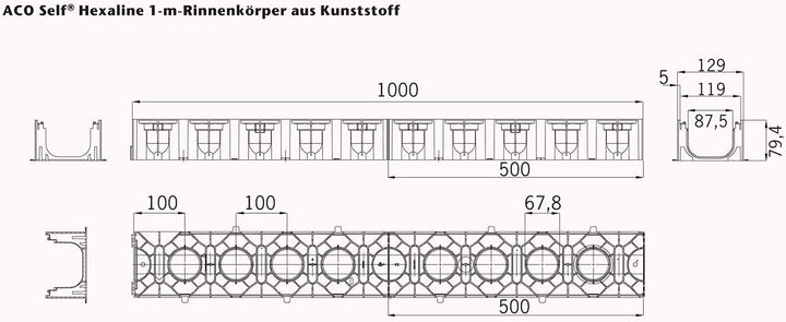 3x1m ACO Hexaline 2.0 Entwässerungsrinne Stegrost Stahl verzinkt Ablauf vertikal Bodenrinne Terrasse
