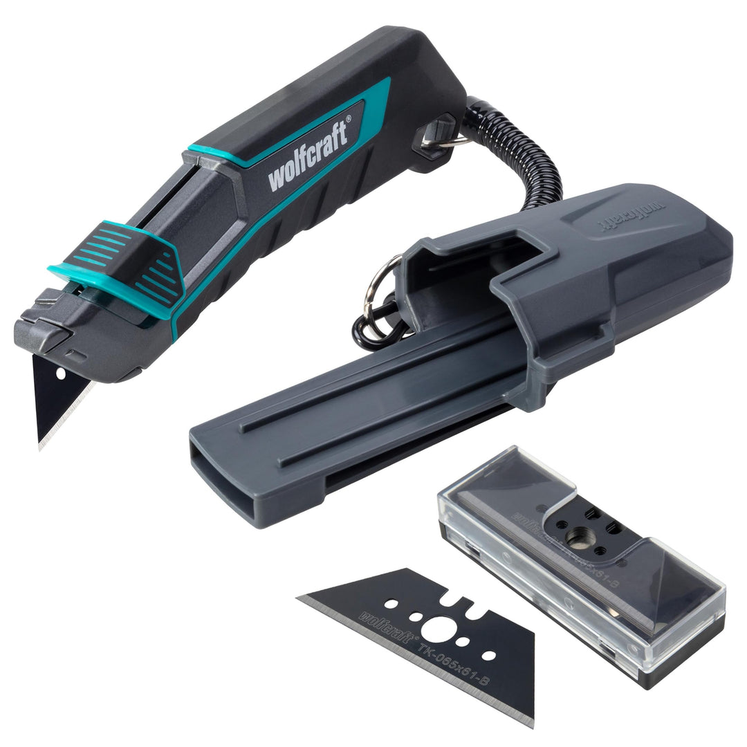 wolfcraft Trapezklingen-Messer-Set PRO SAFETY mit Köcher - 8669060 - Praktisches Set aus Sicherheits
