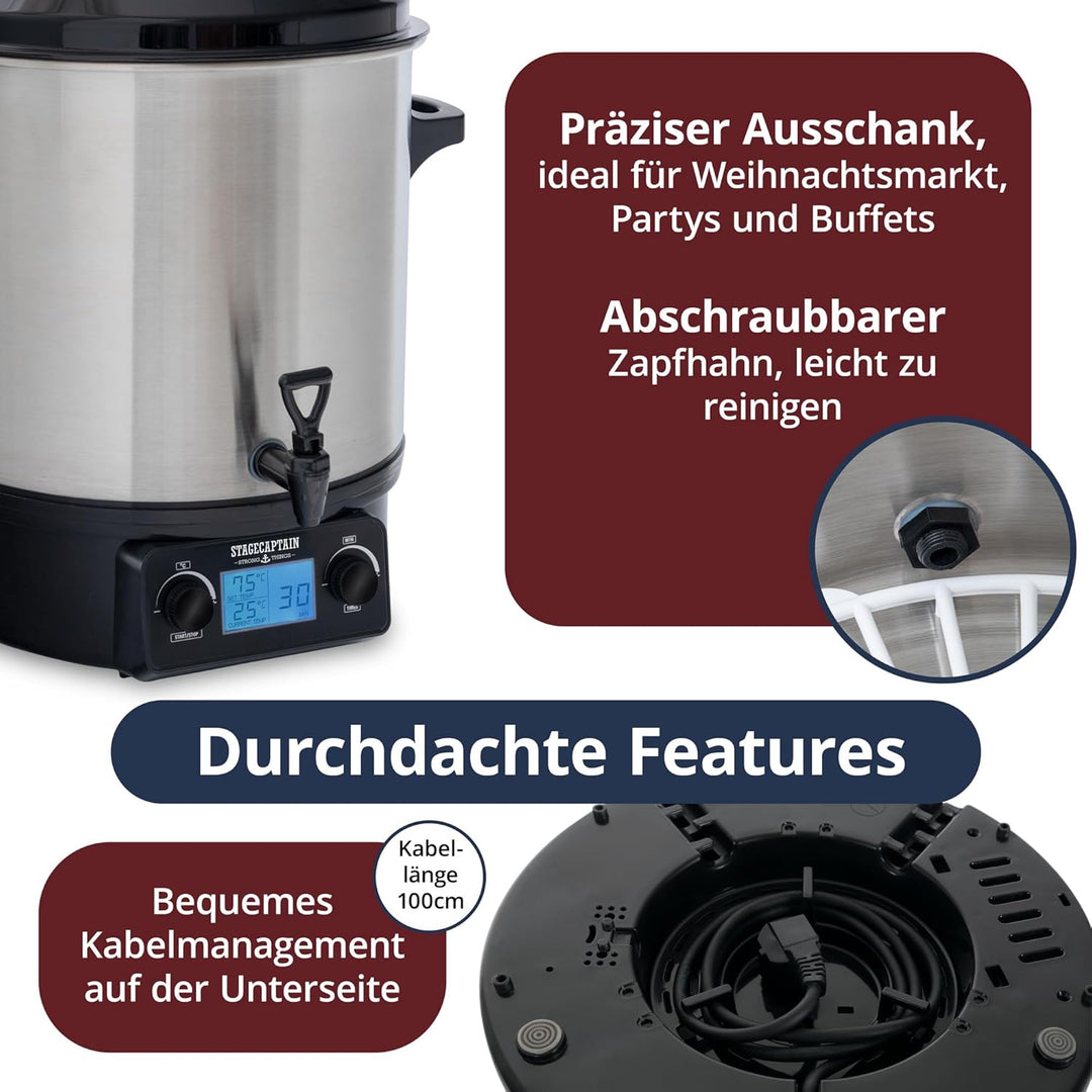 Stagecaptain GWK-27D Glühweinkocher - Digitaler Einkochautomat mit 27 Liter - LCD-Anzeige - 2000 Wat