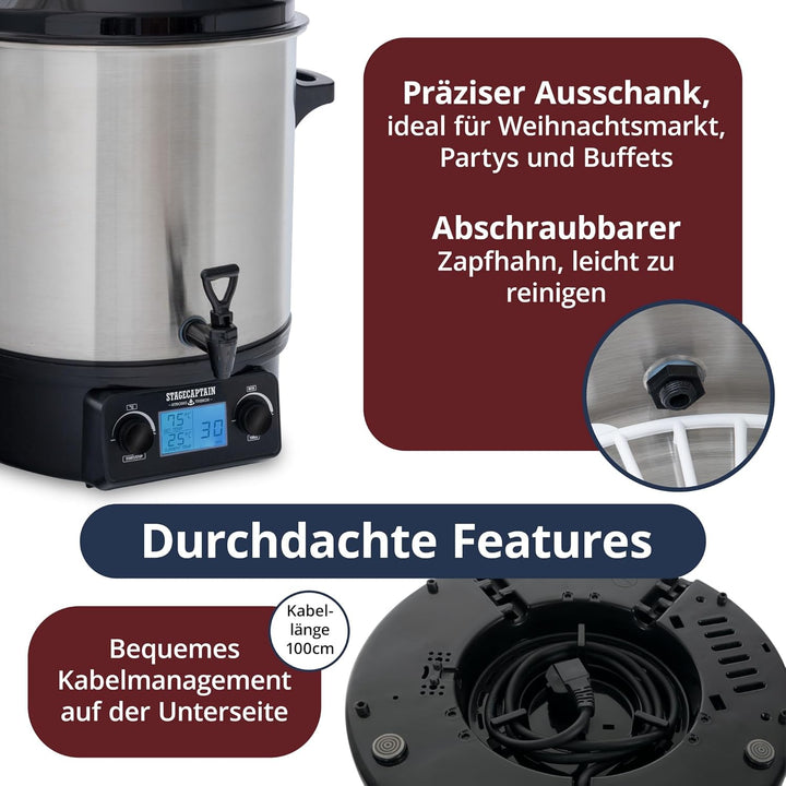 Stagecaptain GWK-27D Glühweinkocher - Digitaler Einkochautomat mit 27 Liter - LCD-Anzeige - 2000 Wat
