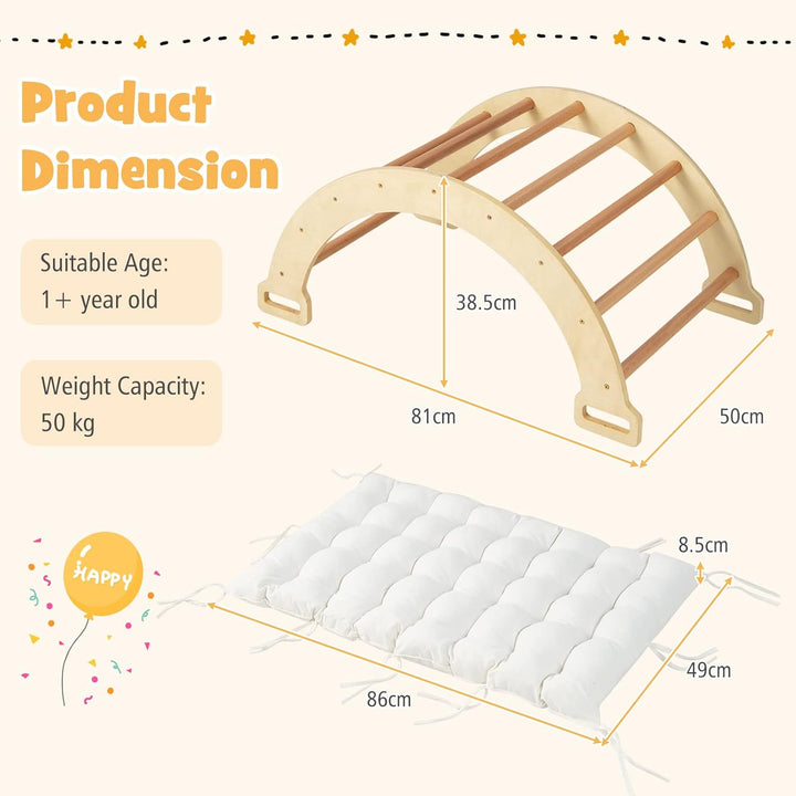 HOMASIS Kletterbogen mit Kissen, Holz Klettergerüst Indoor, Montessori Holzwippe Bogenwippe zum Wipp
