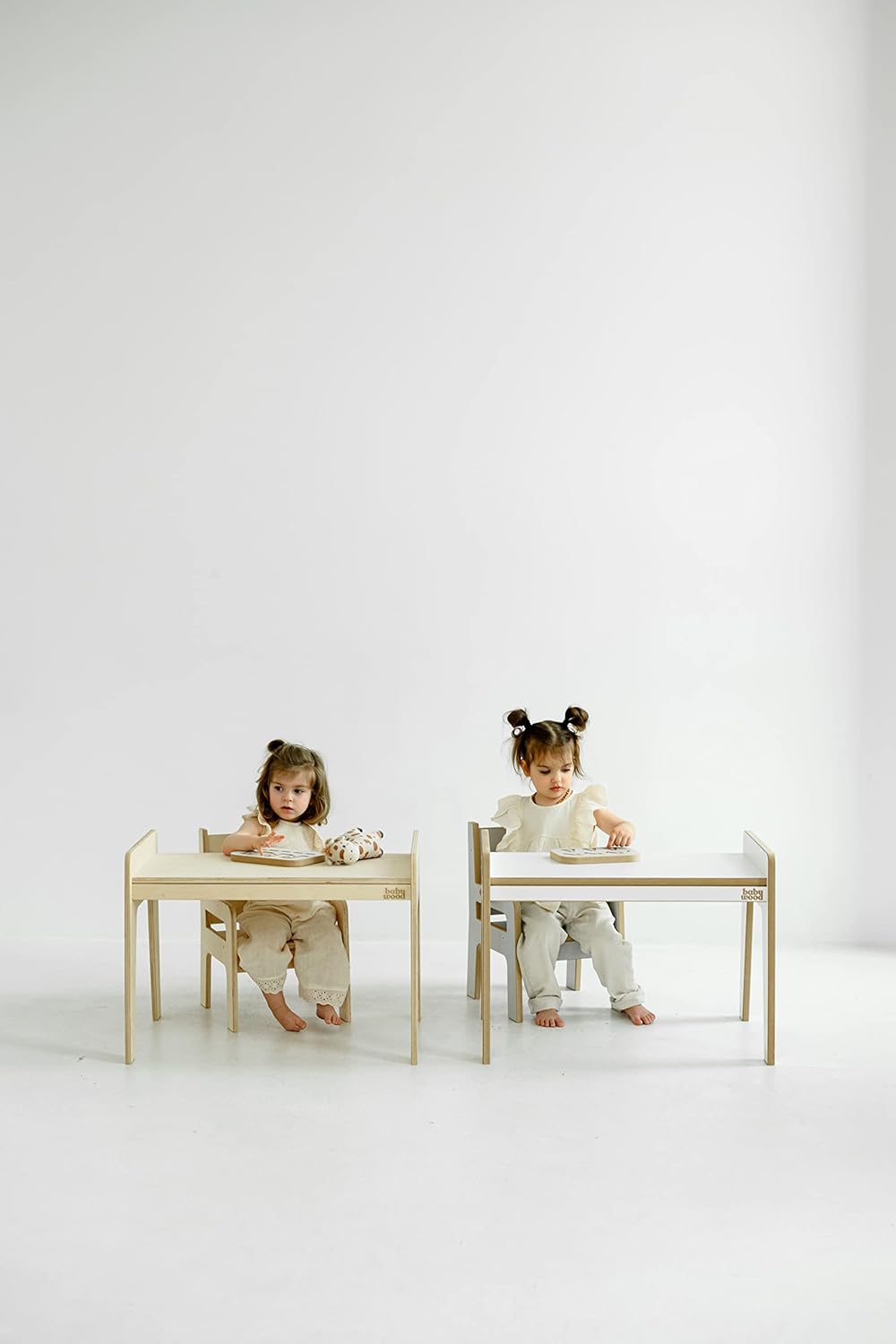 Babywood Tisch und Stuhl für Kinder, Kinderschreibtisch Set mit Stuhl aus Holz, sicherer Spieltisch