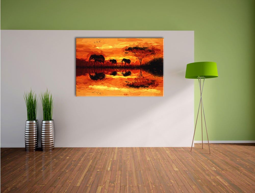 Pixxprint Elefantenam Wasser im Sonnenuntergang Pinsel Effekt, Format: 100x70 auf Leinwand, 100x70