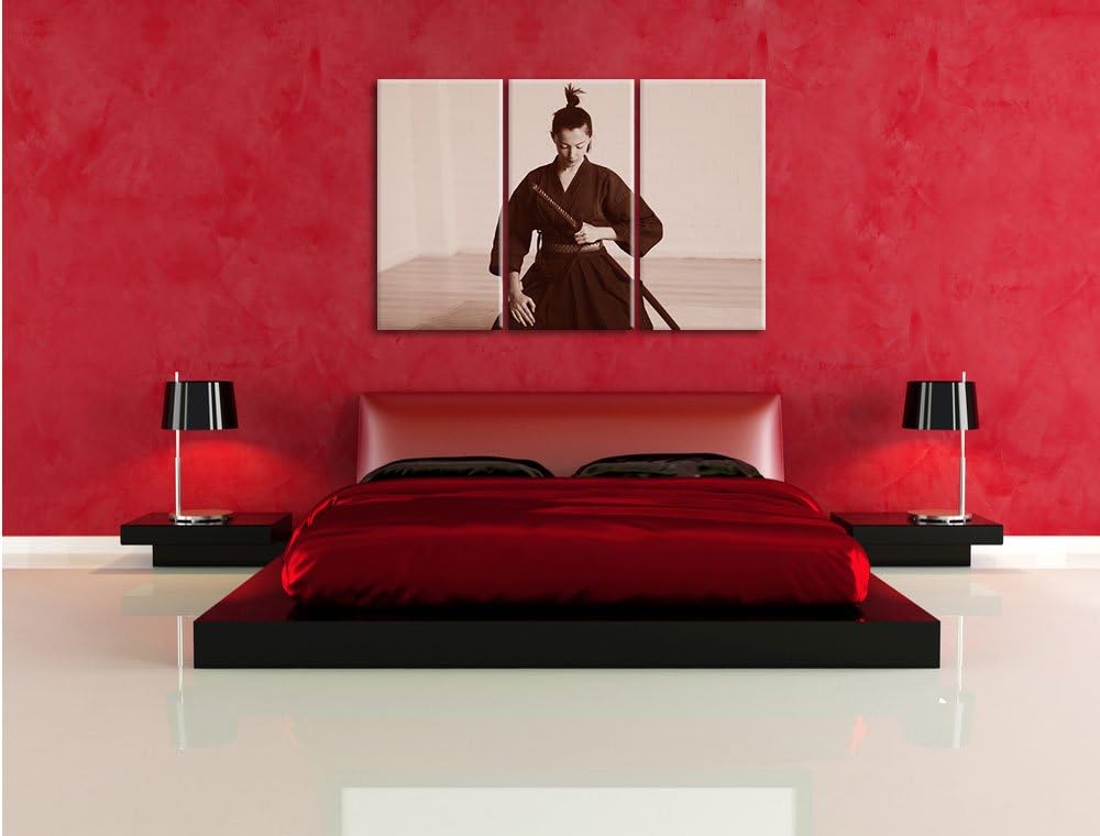 Pixxprint stolze Samurai-Kriegerin B&W Detail 3-Teiler Leinwandbild 120x80 Bild auf Leinwand