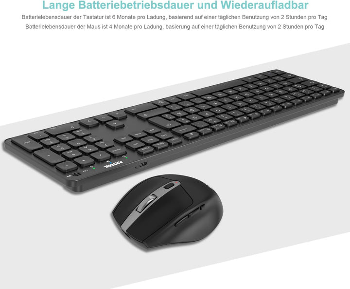 Arteck 2.4G Kabellose Tastatur und Maus kombination Ultra dünne Full Size Tastatur Tastatur und ergo