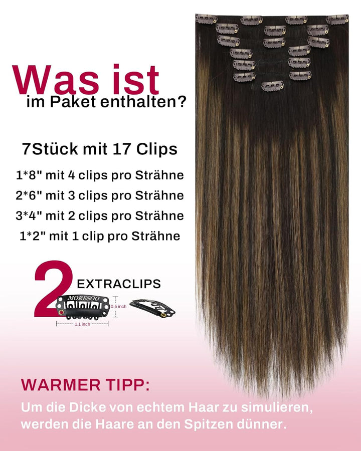 Moresoo Clip in Extensions Echthaar Balayage Braun Haarverlängerung Echthaar Clip Extensions Echthaa