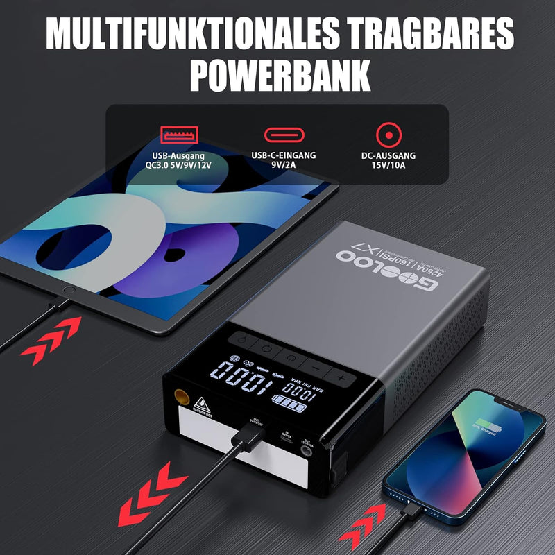 GOOLOO X7 4250A Starthilfe Powerbank mit Kompressor,Starthilfe mit Digitalem Reifenfüller 160 PSI, 1