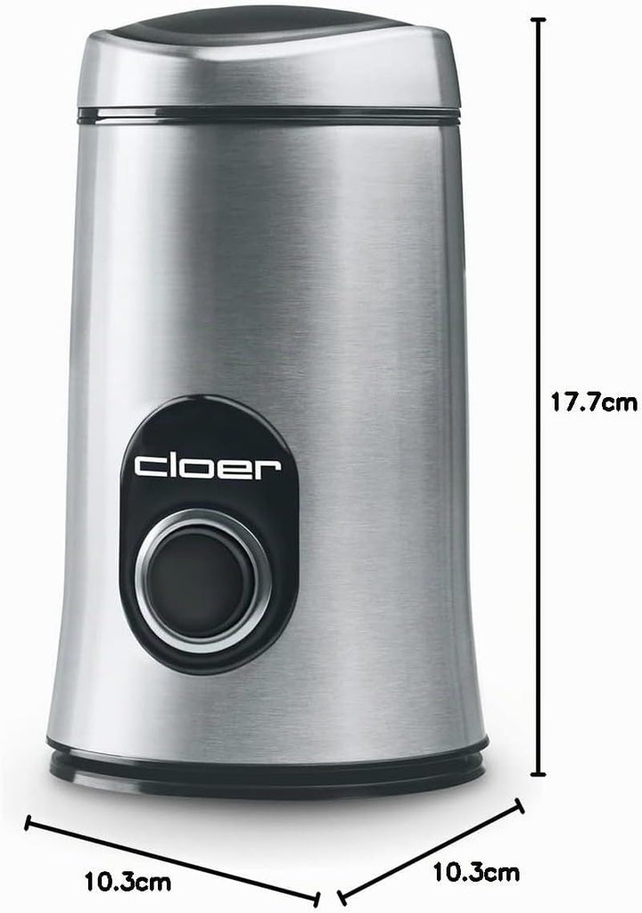 Cloer 7579 Elektrische Kaffeemühle, 150 W, für bis zu 50 g Kaffeebohnen, mattiertes Edelstahlgehäuse