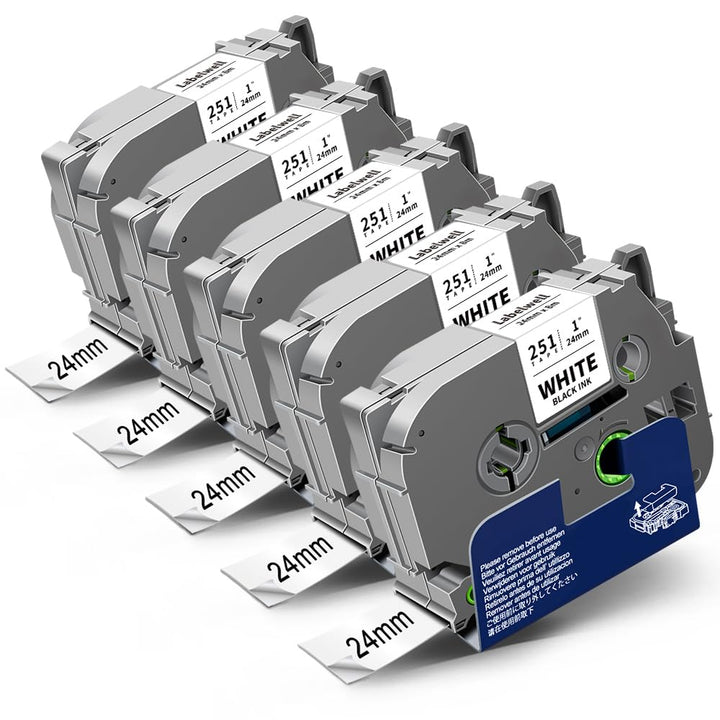 5x Labelwell 24mm x 8m Schwarz auf Weiss Kompatibel Schriftband Ersatz für Brother Tz Tze-251 Tzc-25