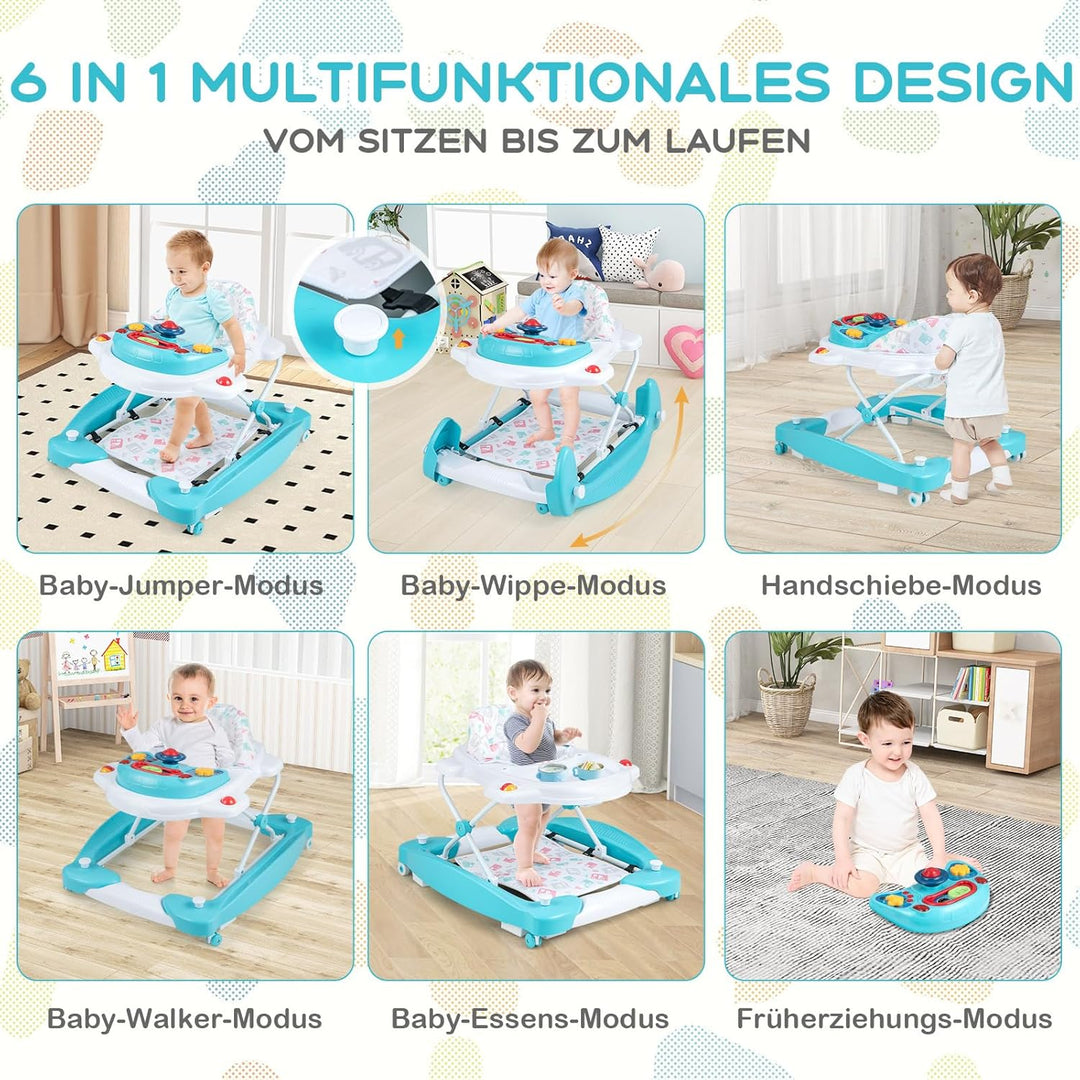 COSTWAY 6 in 1 Lauflernhilfe, Lauflernwagen mit abnehmbarem Spielboard & Fusspolster, Baby Walker hö