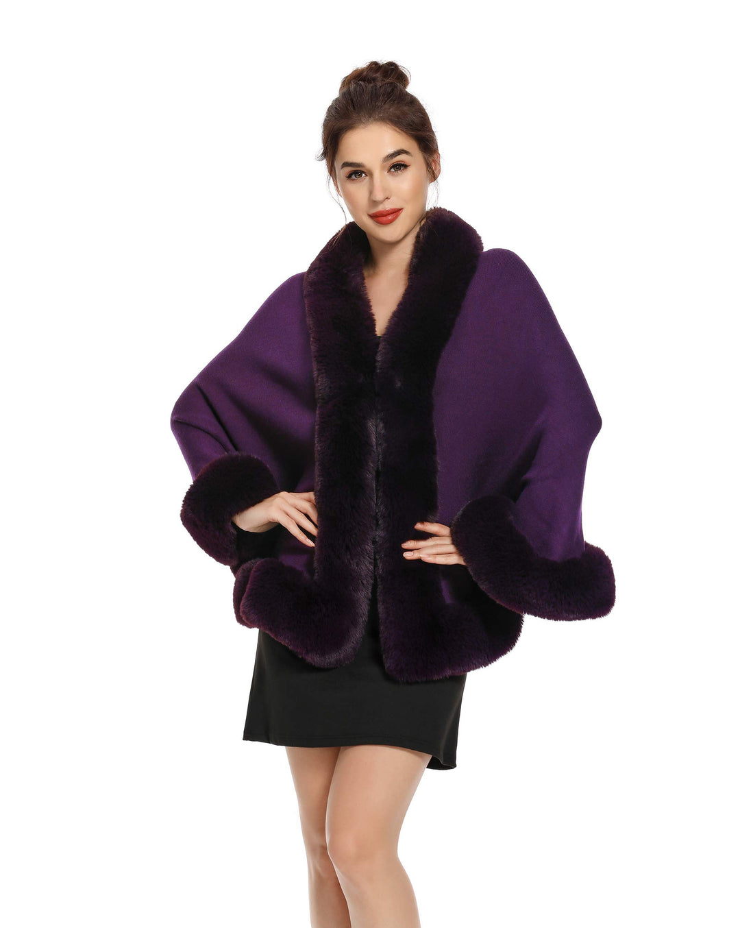 ZLYC Damen Winter Kunstpelz Poncho Cape Strick Schal Stola Warm Cardigan Violett, Violett