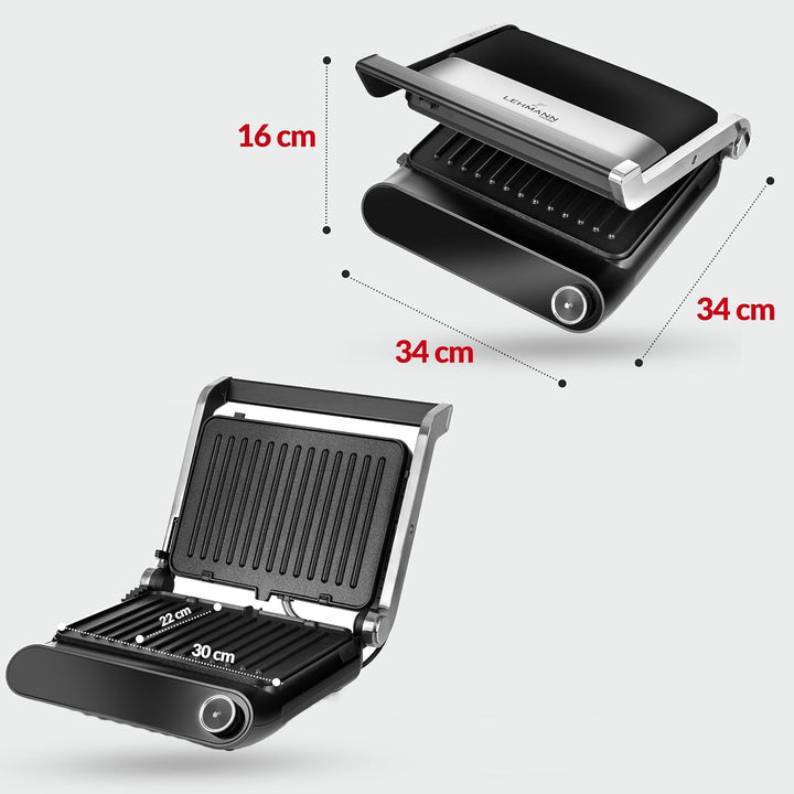 LEHMANN Kontaktgrill, 2200 W, Tischgrill 180° aufklappbar - Grillfläche bis 1320 cm², Abnehmbare Ant