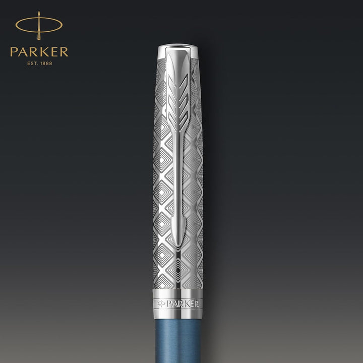 Parker Sonnet Kugelschreiber , Premium Metal & Blue Satinierung mit Chromverkleidung , Medium Spitze