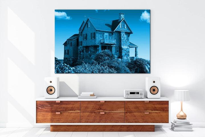 schönes Landhaus in der Natur Format 80x60 Effekt: Monocrome Blau als Leinwandbild, Motiv fertig ger