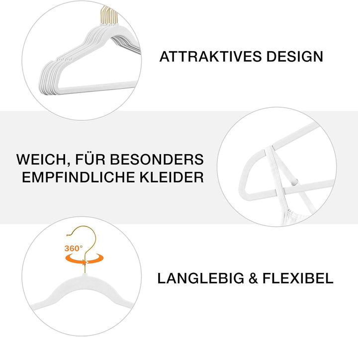 25 Stück hochwertige Samt Kleiderbügel in der Farbe Weiss mit Gold Look Haken/Anti-Rutsch/von Sticka