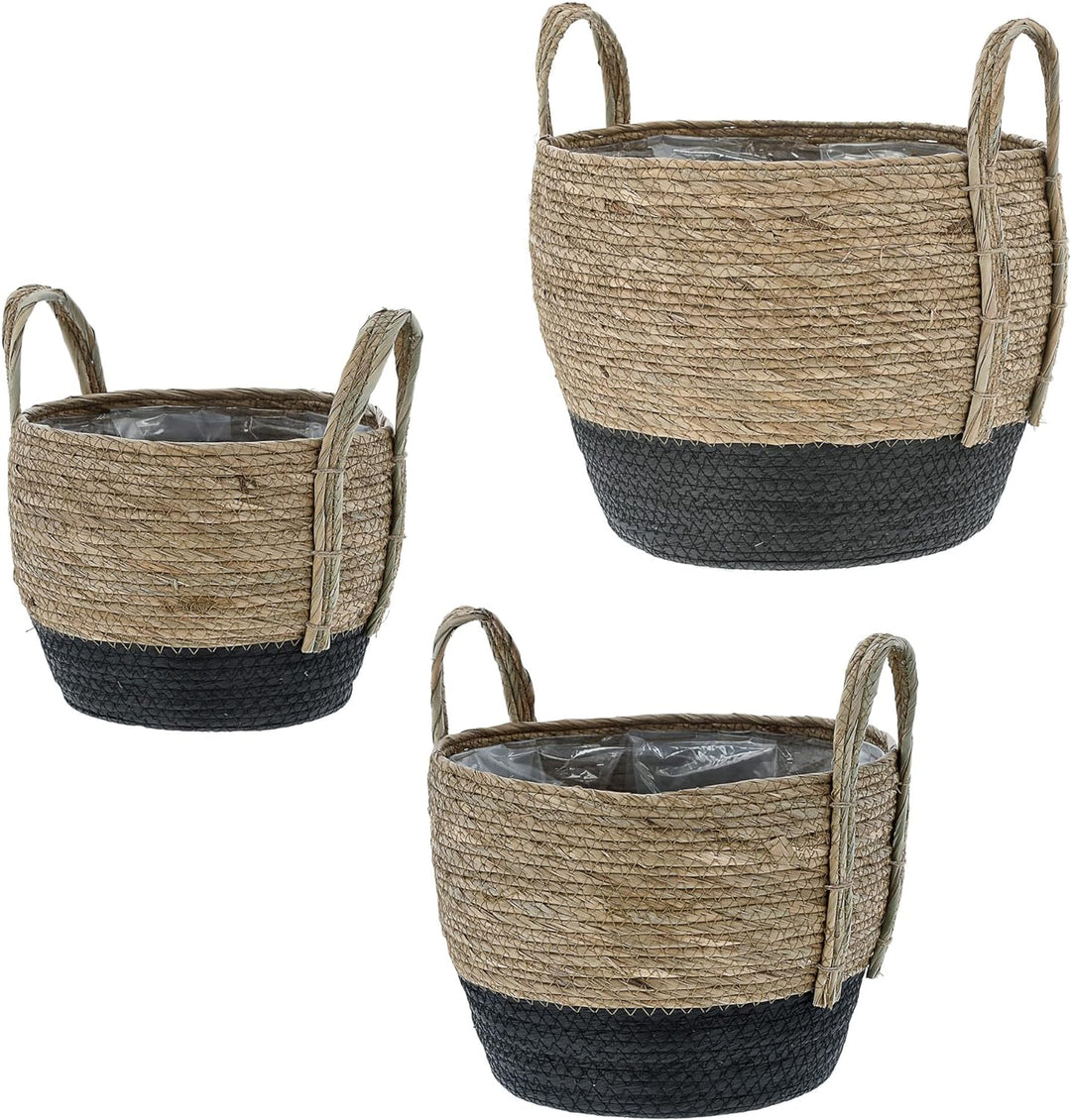 Cepewa Pflanzkorb 3er Set │ Kunstofffolien-Inlay Seegras│ Übertopf Körbe Korbset Pflanztopf (1 x 3er