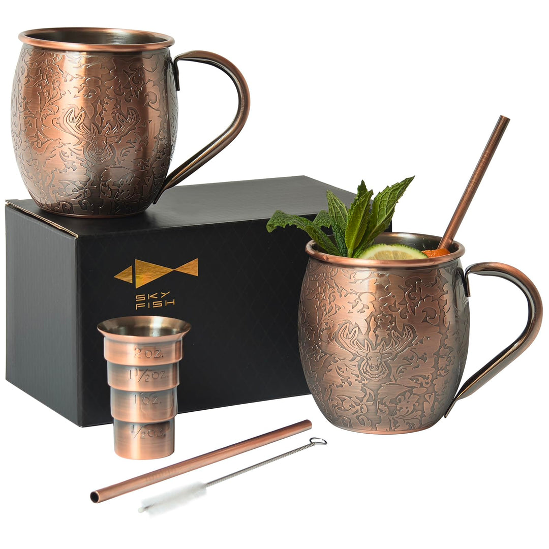 SKY FISH Moscow Mule Becher 2er Set, 3D Geprägte Cocktailgläser, 500 ml Edelstahl Weingläser, Handwä