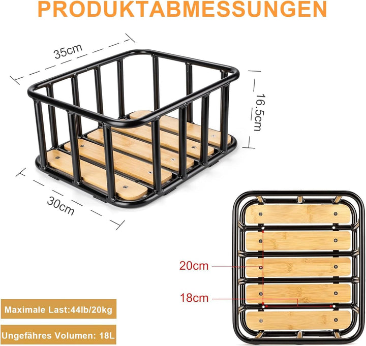 CXWXC Fahrradkorb Hinten – Grosser Gepäckträger-Korb mit Holz-Boden, wasserdichter Abdeckung & Cargo