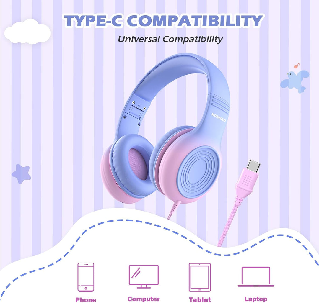 Upgrade USB Typ C Kinder-Kopfhörer, kabelgebundene Kopfhörer für Kinder mit Mikrofon für Jungen und