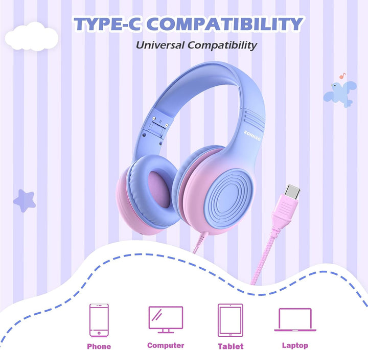 Upgrade USB Typ C Kinder-Kopfhörer, kabelgebundene Kopfhörer für Kinder mit Mikrofon für Jungen und