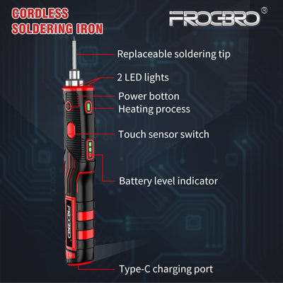 FrogBro Tragbarer Akku Lötkolben Verbesserter 11Watt LD006A-Pro 2500mAh Max 520°C, Hohe Kapazität un