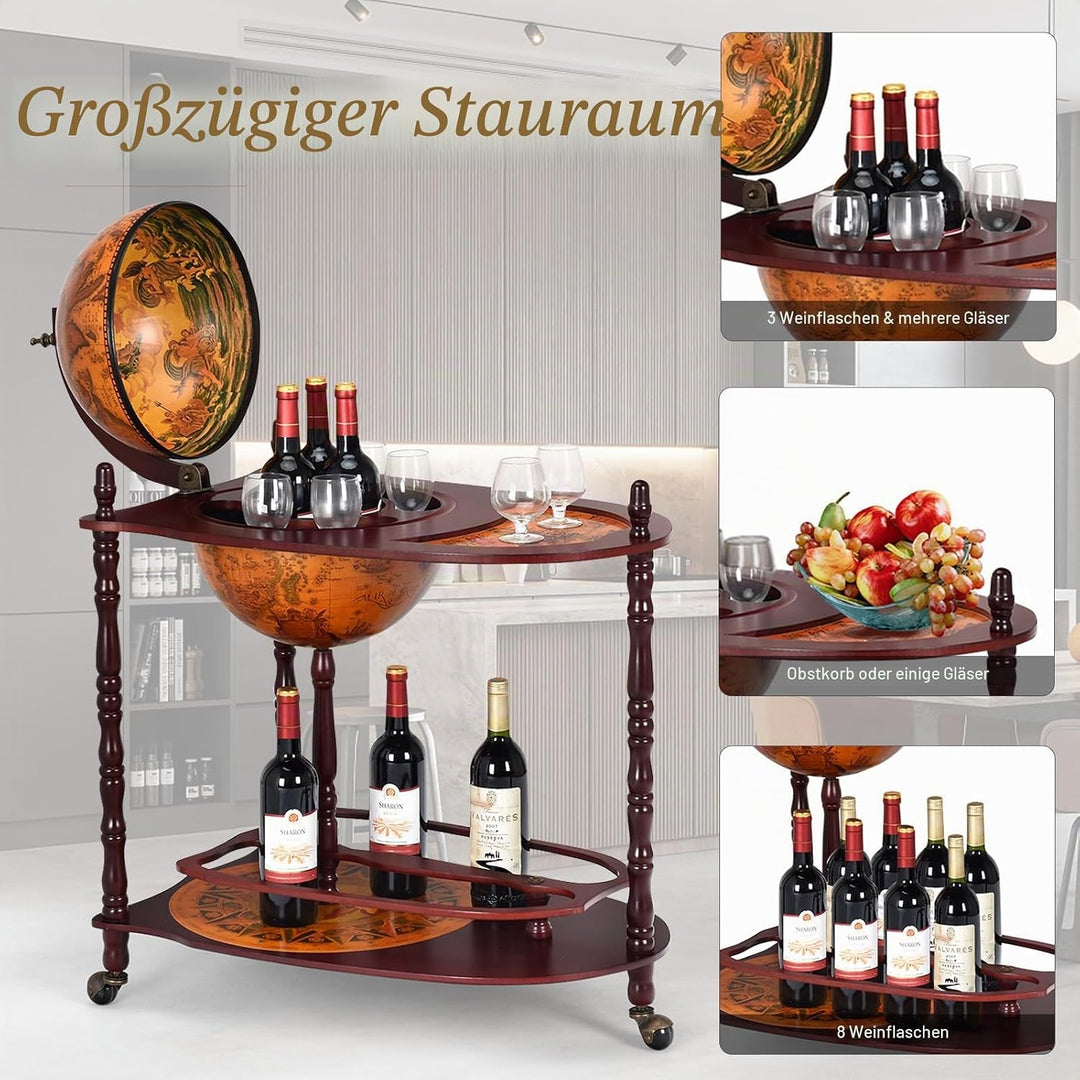 KOMFOTTEU Globus Bar Barwagen, Minibar mit Rollen, Weinregal mit Klassischem Design, Cocktailbar Bar