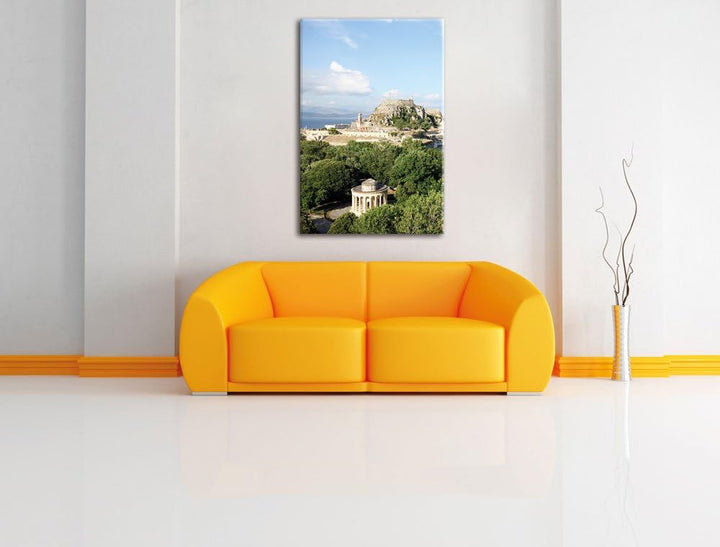 Pixxprint Griechische Entspannungsoase / 100x70cm Leinwandbild bespannt auf Holzrahmen/Wandbild Kuns