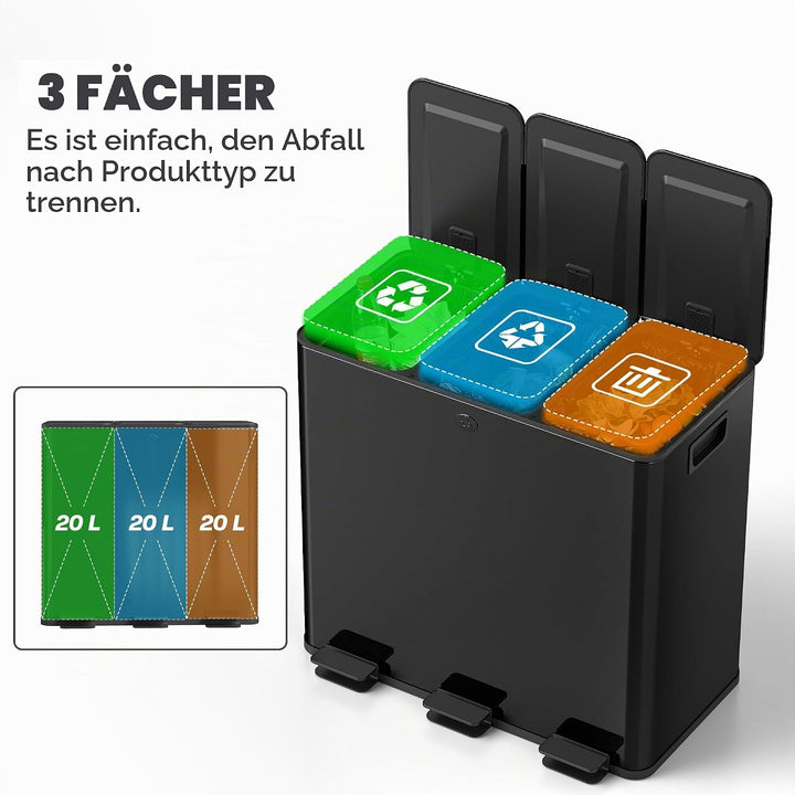 HOMCOM Mülleimer Küche 3 x 20 L Treteimer mit Softclose-Deckel und Pedal Mülltrennsystem 3 Fächer in