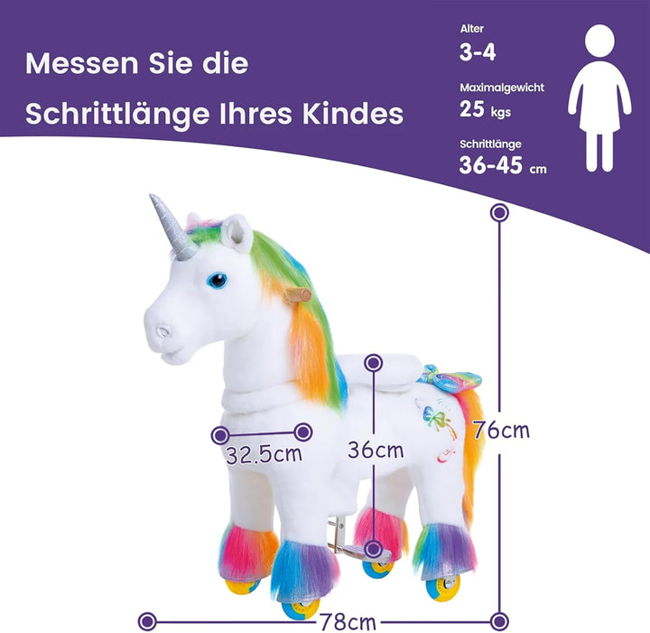 PonyCycle Einhorn Reitpferd, für Kinder 3–4 Jahre, 76cm Hoch, Pferd mit Rollen mit Handbremse, Einho