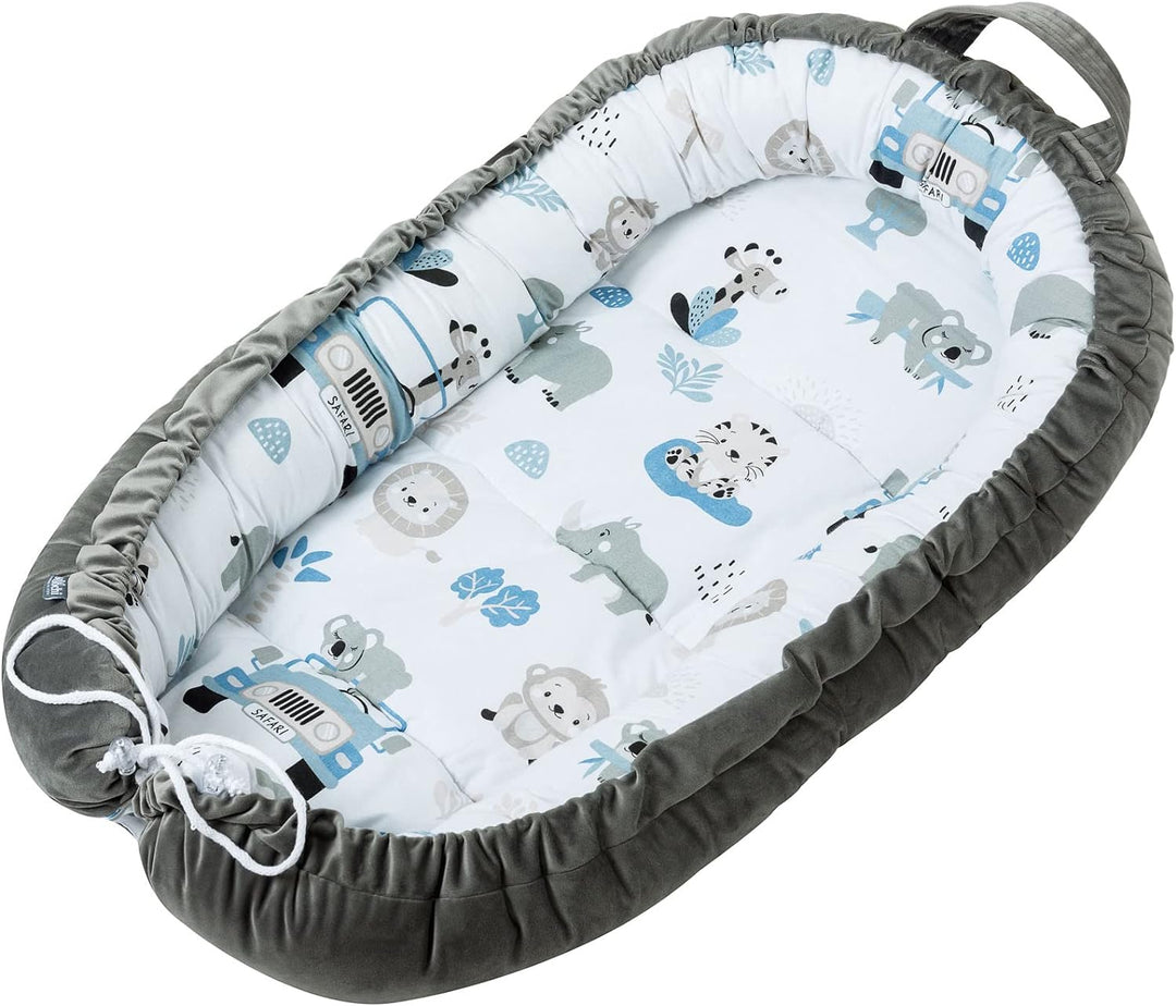 Bellochi Babynest mit Arm Kissen - Babynestchen Neugeborene - Baumwolle und Samt - Safari