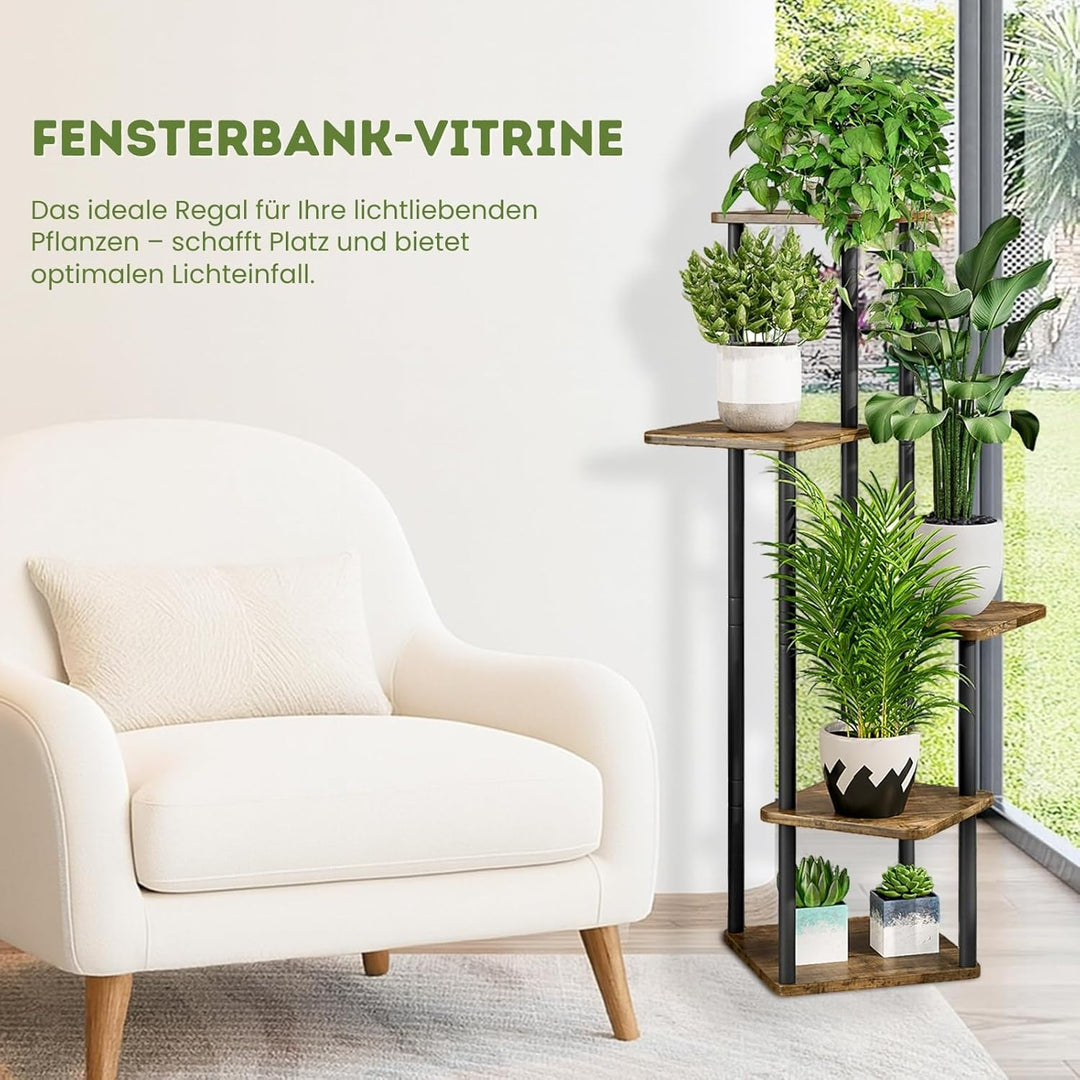 Allyson® Blumenständer mit 5 Ebenen – Pflanzenständer aus Metall & Holz, Pflanzenregal Modernes Rega