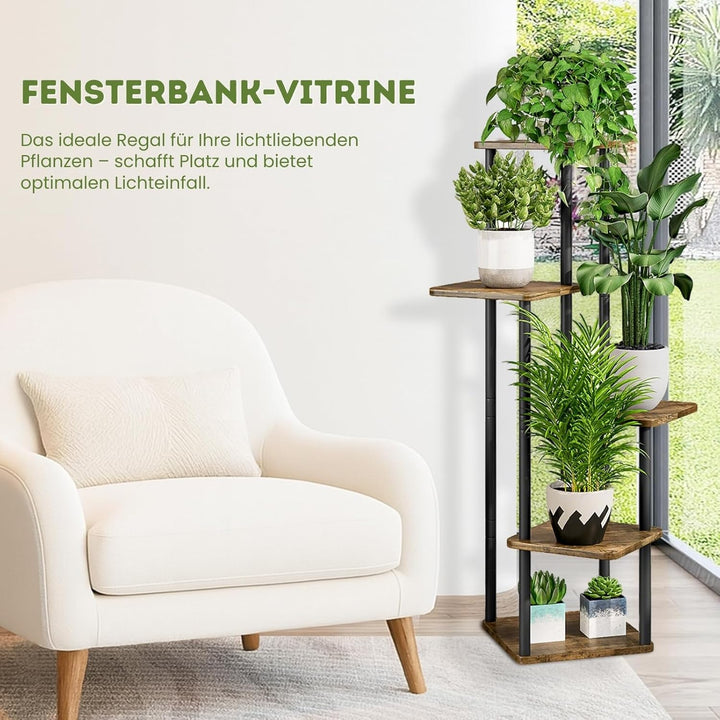 Allyson® Blumenständer mit 5 Ebenen – Pflanzenständer aus Metall & Holz, Pflanzenregal Modernes Rega