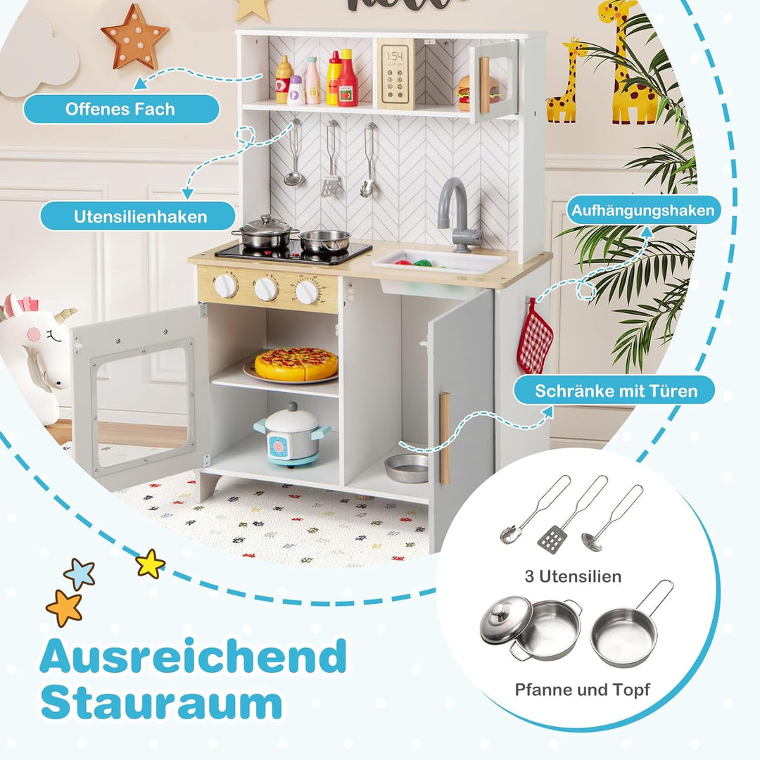 DREAMADE Kinderküche Holz mit Zubehör, Holzküche Mini Küche Kinder Küche mit Herd Ofen Waschbecken,