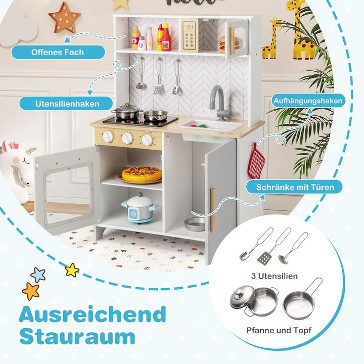 DREAMADE Kinderküche Holz mit Zubehör, Holzküche Mini Küche Kinder Küche mit Herd Ofen Waschbecken,