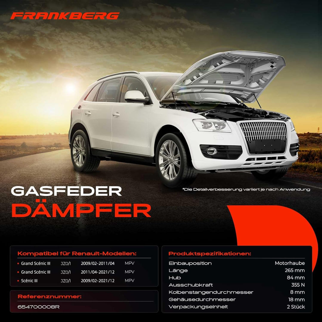 Frankberg 2x Gasfeder Dämpfer Motorhaube Kompatibel mit Grand Scénic III JZ0/1 1.2L-2.0L MPV 2009-20