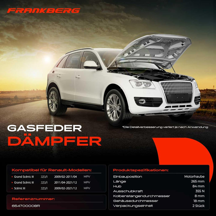 Frankberg 2x Gasfeder Dämpfer Motorhaube Kompatibel mit Grand Scénic III JZ0/1 1.2L-2.0L MPV 2009-20