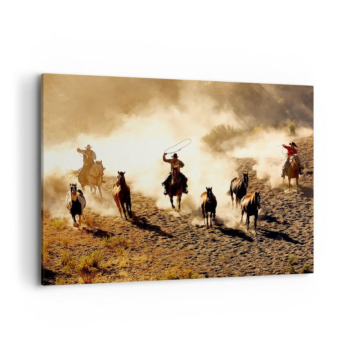 ARTTOR Bilder auf Leinwand 100x70cm Leinwandbild Cowboys Pferde Galopp Gross Wanddeko Bild Schlafzim