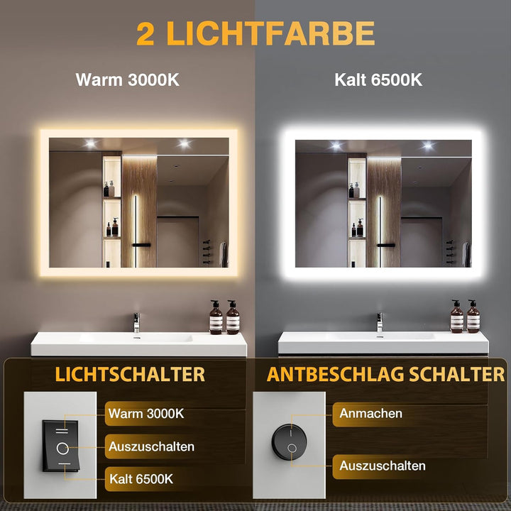 Badezimmer Spiegel mit Beleuchtung, 80 x 60cm LED Spiegel Bad mit Licht, Antibeschlag, Badezimmerspi