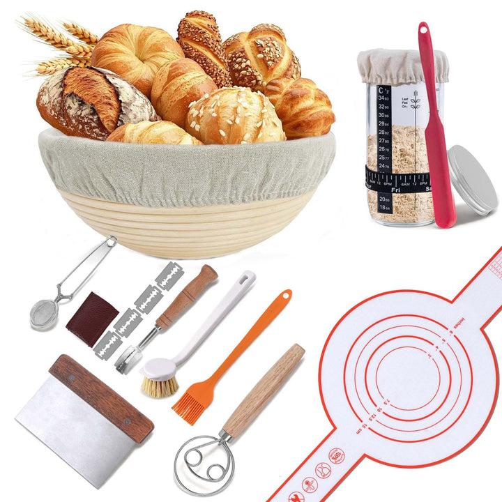 Sauerteig Starter Set, Sauerteig Glas, Runde Gärkörbchen für Brot Gärkorb mit Abdeckungen, Geschenk