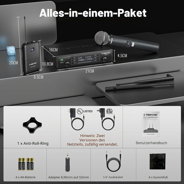 Phenyx Pro Wireless Mikrofon System mit Dual-Handheld-Funkmikrofon/Bodypack/Headset/Lapel-Mikrofon,