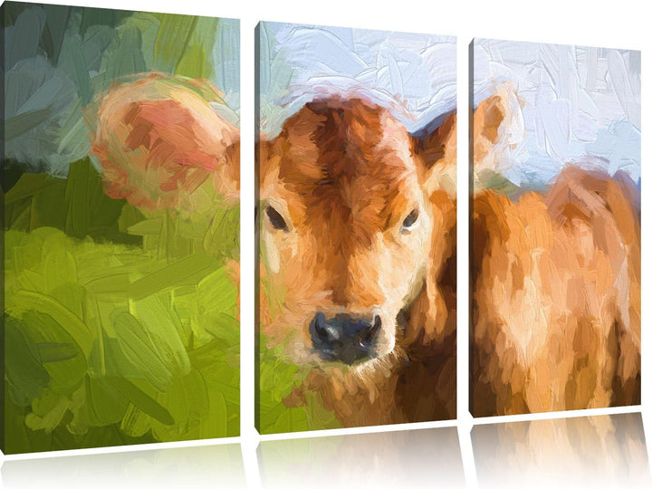 Pixxprint Junge Kuh Kälbchen Kunst als Leinwandbild/Grösse: 3 Teilig (120x80) cm/Wandbild/Kunstdruck