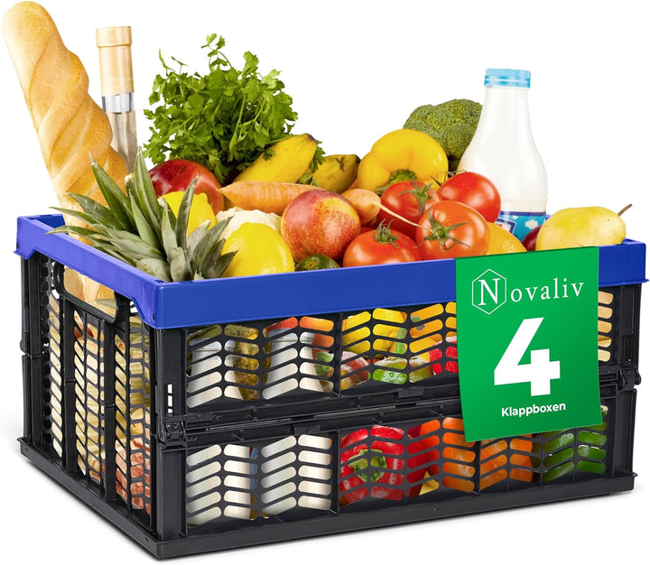 Novaliv Klappboxen faltbar stabil 4x 30L Blau Schwarz baskets Einkaufskiste Klappkisten Set Tragebox