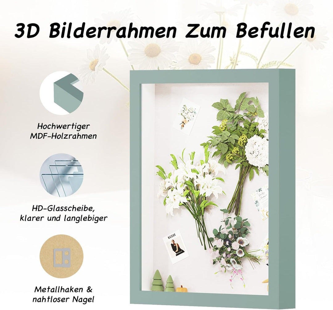 Muzilife 3D Bilderrahmen zum Befüllen mit Echter Glasscheibe, 30x38x2,5cm Tiefer MDF Rahmen, Objektr