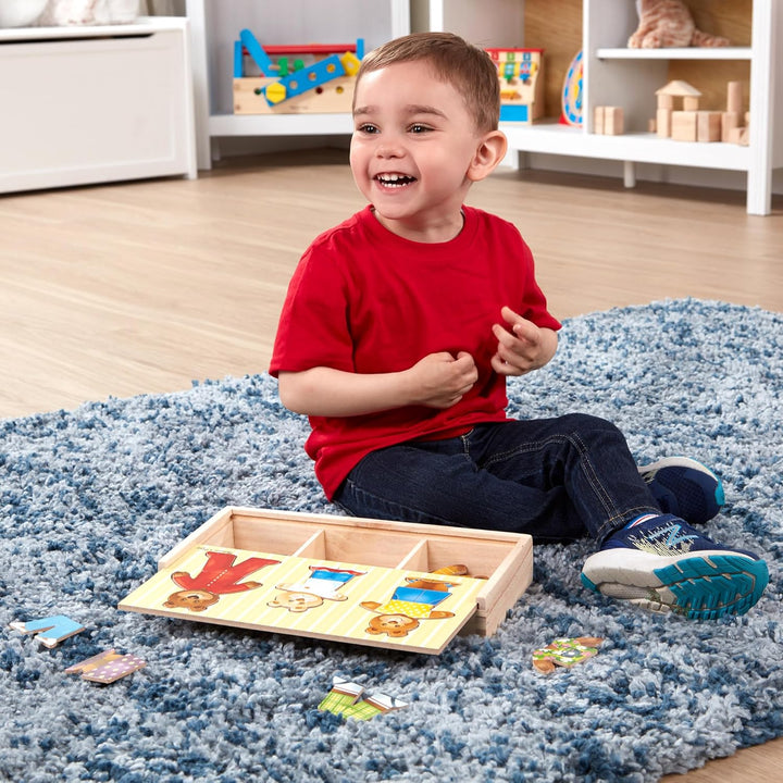 Melissa & Doug Mix 'n Match Holzpuzzle zum Ankleiden einer Bärenfamilie mit Aufbewahrungsbehälter (4