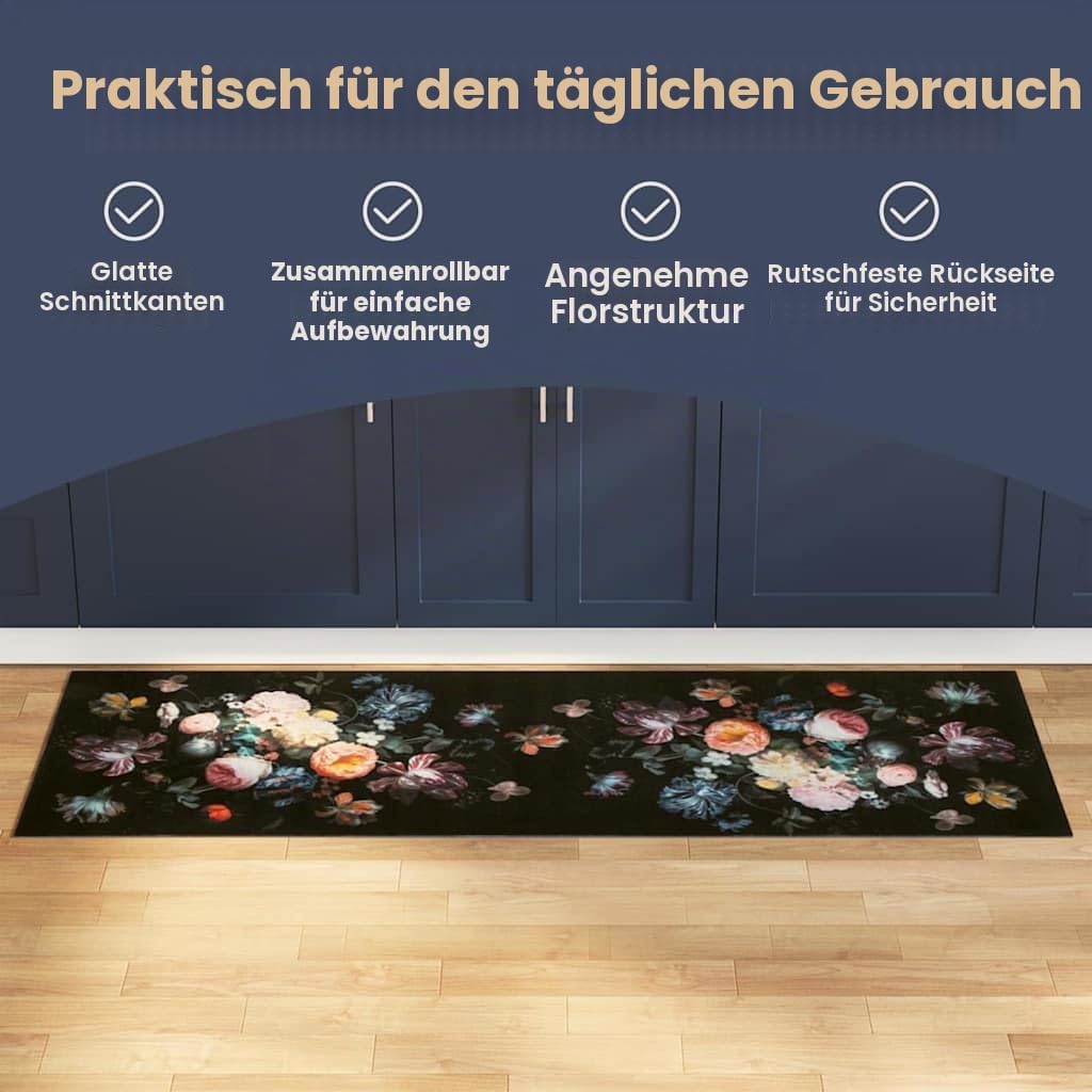 vidaXL Küchenmatte Floral Schwarz 150 x 45 cm Samt, Elegante Küchenmatte, Rechteckig, rutschfeste Un