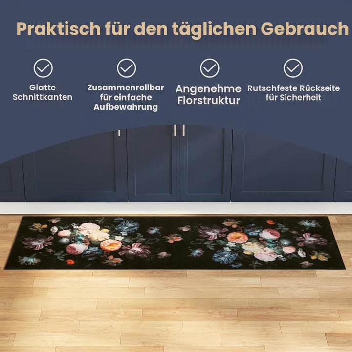 vidaXL Küchenmatte Floral Schwarz 150 x 45 cm Samt, Elegante Küchenmatte, Rechteckig, rutschfeste Un