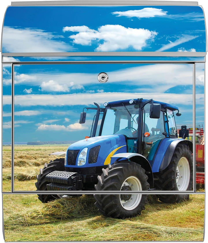 banjado® Design Briefkasten mit Motiv Traktor 39x47x14cm &amp; 2 Schlüssel - Briefkasten Stahl Silber mi